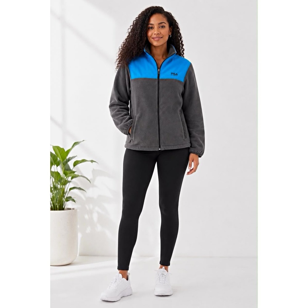 FILA Sport Women Full Zip Plush Fleece Jacket Gray/Blue Colorblock Pockets L